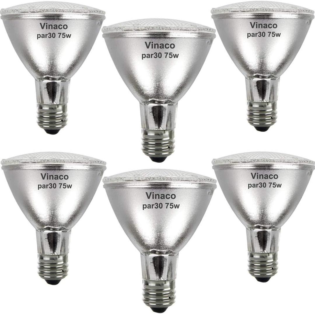 Vinaco PAR30 Flood Light 75W, 6 Pack High Brightness 1000LM PAR30 Halogen Long Neck Dimmable,PAR30L Flood 75 Watt 3000K Warm White, Long Lasting PAR30 75W 120V Flood Long Neck with E26 Base