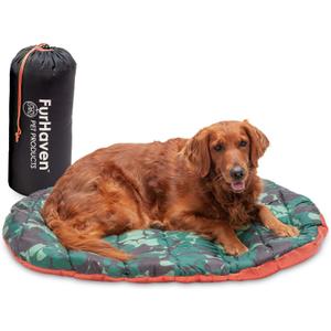 Furhaven Outdoor Travel Dog Bed for Large/Medium Dogs w/ Carry Bag, Washable & Foldable, Great for Crates & Kennels - Trail Pup Travel Pillow Mat w/ Stuff Sack Bag - Paprika/Camo-Paw, Large
