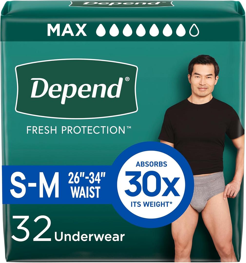 Depend Fresh Protection Adult Incontinence Underwear for Men, Disposable, Maximum, Small/Medium, Grey, 32 Count