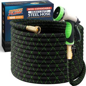 PowerFlow Garden Hose, NON-EXPANDABLE 100ft Premium Quality Stainless Steel Metal Water Hose with Durable Fabric Skin, Hose For Commercial, Residential Use, Bonus 10-way Spray Nozzle (100 Ft, Black)