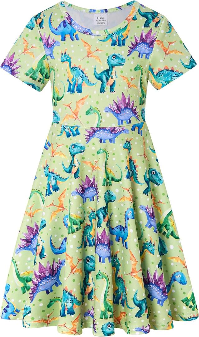 RAISEVERN Girls Dresses Short Sleeve for School Casual T-Shirt Dress Age 4-9 Years (7-8 Years, D1-dinosaur)