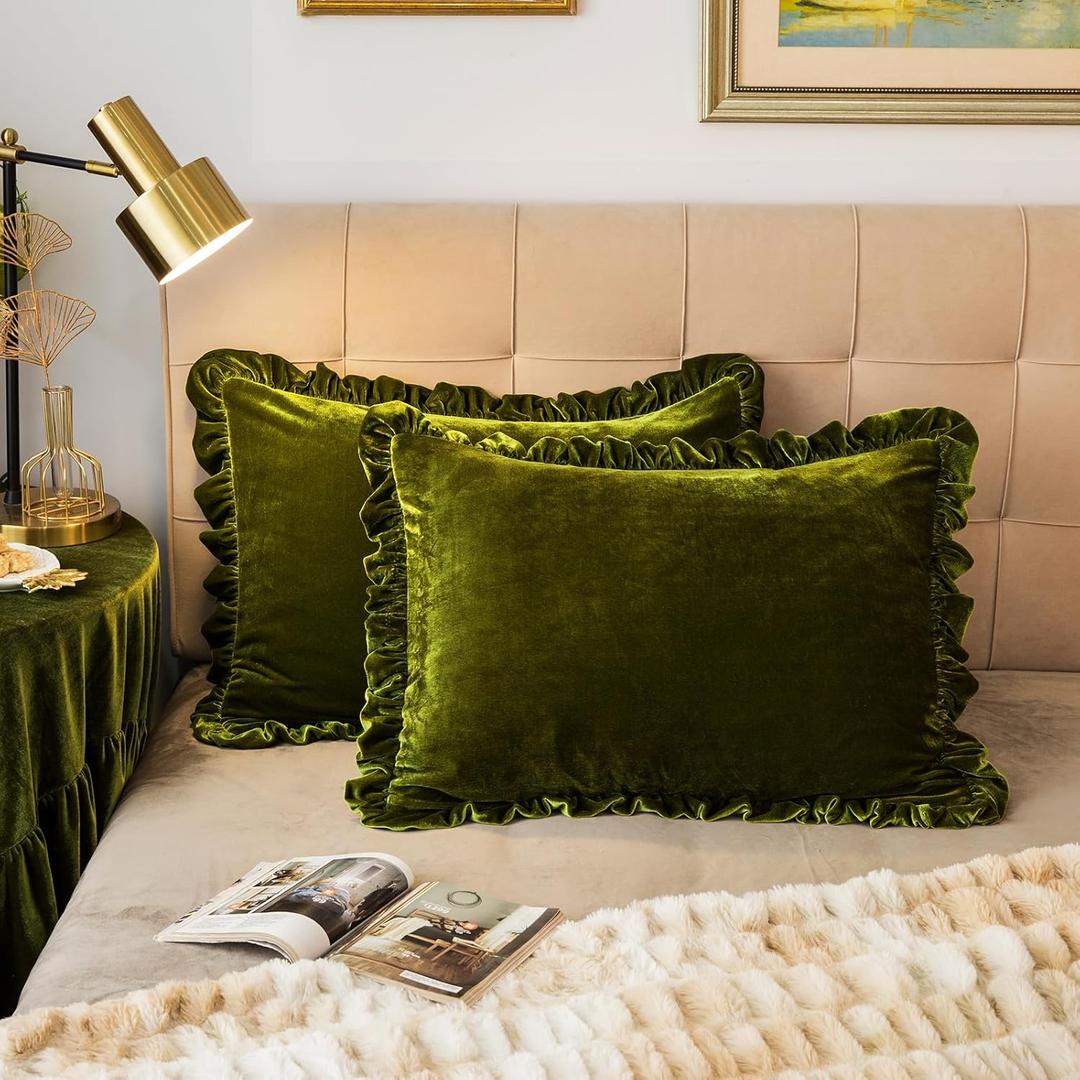 Velvet Pillow Shams Set of 2 Retro Ruffle Flounces Trim Soft Decorative Luxurious Solid Olive Green Farmhouse Vintage Pillow Cases for Bedroom Decor 20x36 inches Olive Green