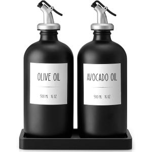 Olive Oil Dispenser Bottle for Kitchen, 16oz Glass Oil and Vinegar Cruet Set with Wood Tray & 54 Labels - Coffee Syrup Dispenser - Black Kitchen Decor and Accessories - Set of 2