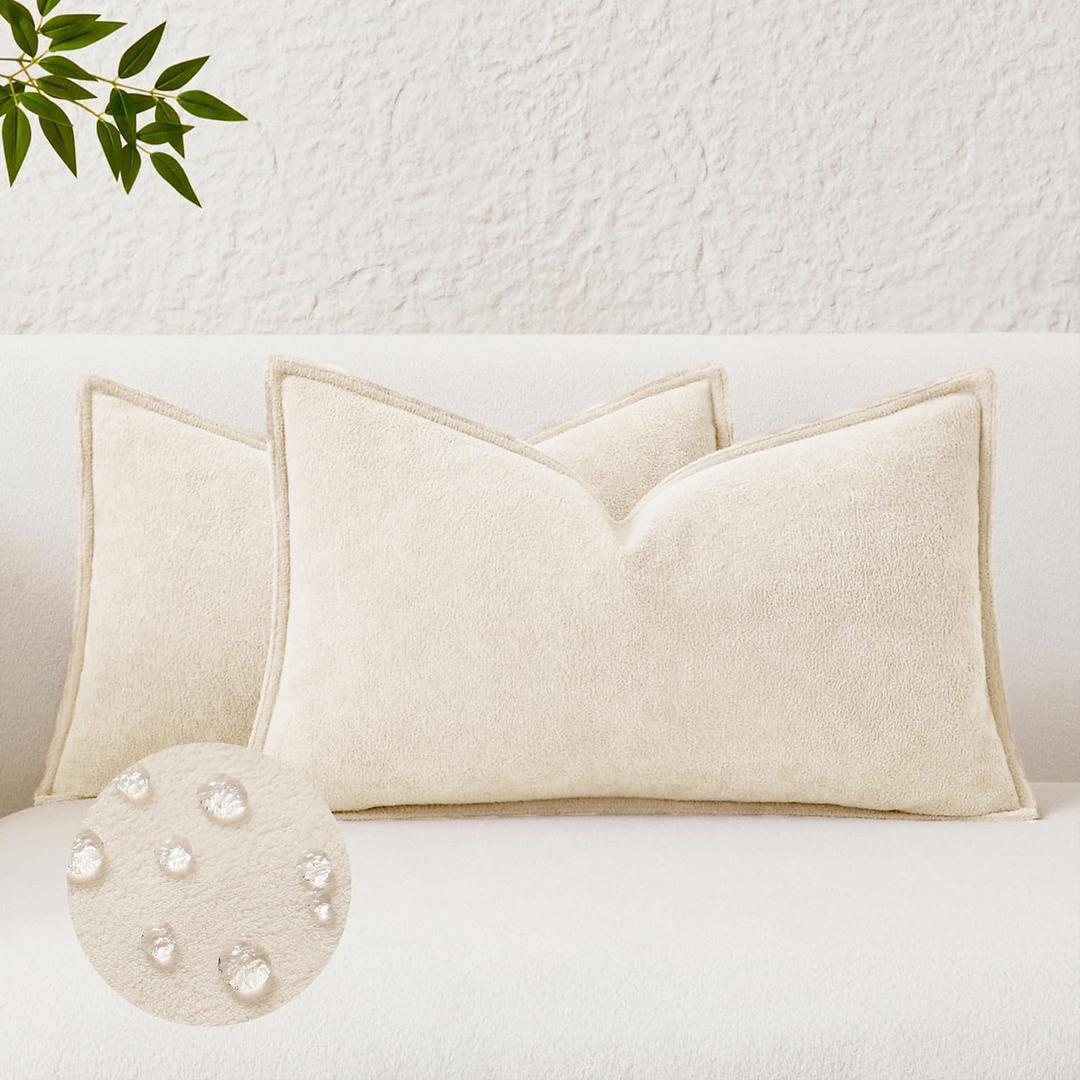 Kevin Textile Waterproof Decorative Pillow Covers Cream White 12x20 Inch Pack of 2 Soft Boucle Textured Lumbars Cushions Elegant Accent Pillows for Couch Sofa Chair Bed Home Decor Indoor Outdoor