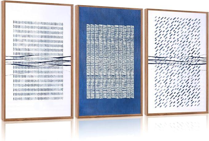 Aurlan Blue and White Abstract Dots Shapes Framed Wall Art(16"x24"), 3 PCS Minimalist Grunge 3D Textured Canvas Artwork, Large Modern Geometric Illustration Art Wall Decor for Office Living Room Bedroom