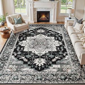 Washable 8x10 Area Rugs Living Room: Vintage Soft Black Grey Rug