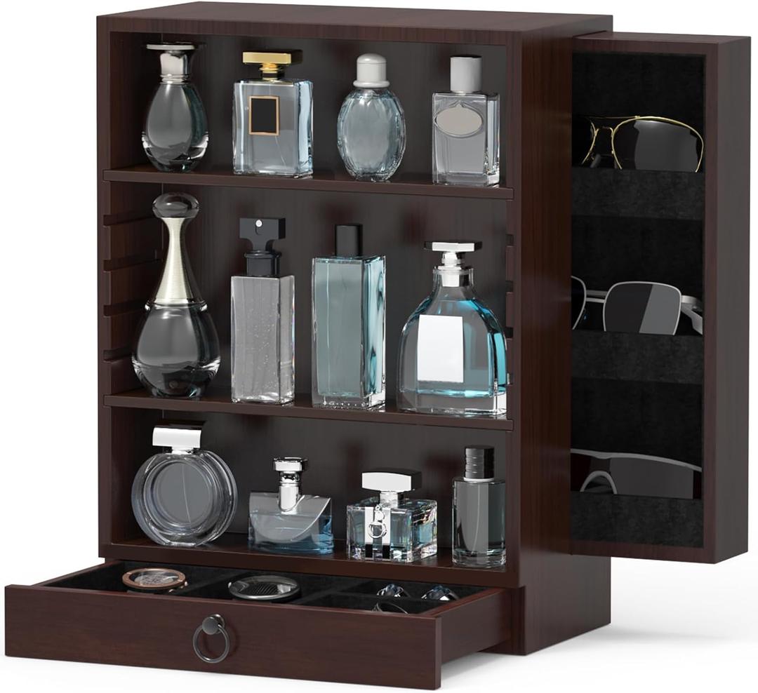 Wooden Cologne Organizer for Men Sliding 4 Tier of Standing Perfume Display Stand with Side & Under Double Drawers Large Storage Perfume Organizer Display Shelf Holder,Gift for Man (Elegant Espresso)