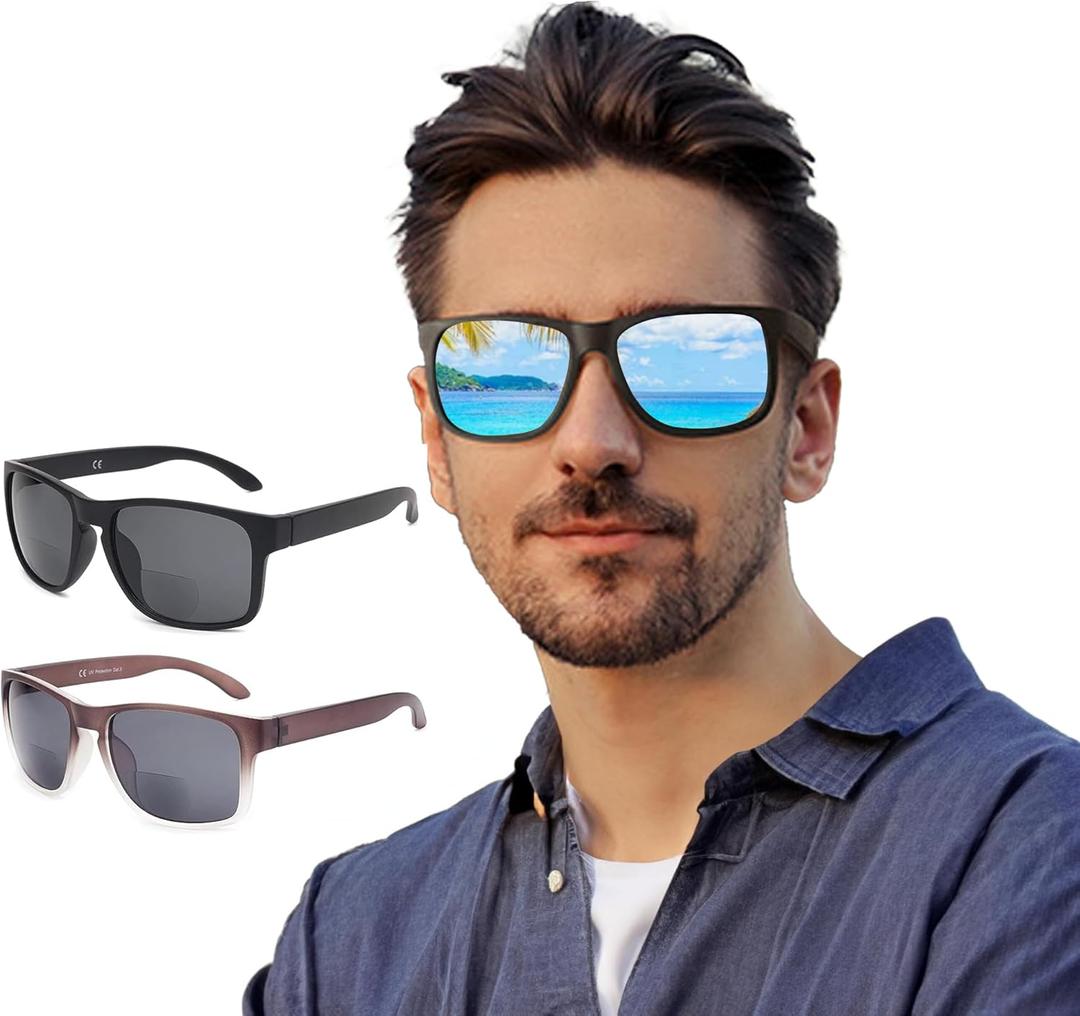 Bifocal Sunglasses for Men Wrap-Around Sports Sun Readers Oversized NO Line Bifocal Reading Glasses UV400 Protection (Gray)