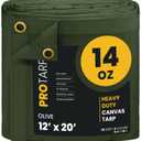 Heavy Duty 14 OZ Water Resistant Canvas Tarp, UV Resistant Tarpaulin Cover with Rustproof Brass Grommets, Multipurpose for Canopy, Roof, Camping, Woodpile (Olive 12'X20')