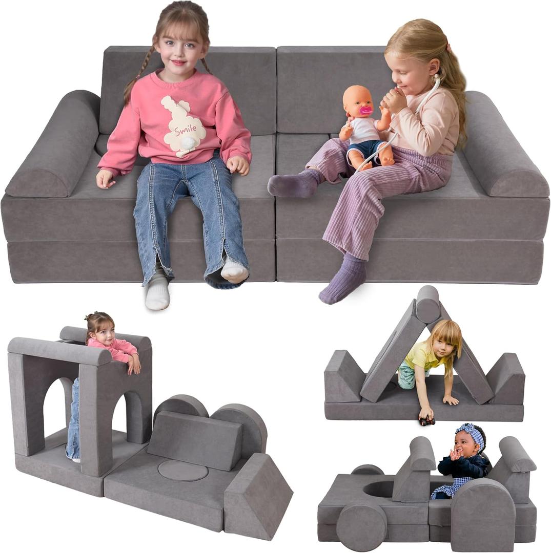 12-Piece Modular Kids Play Couch Premium Soft Foam, Removable Cover, Comfortable & Safe Toddler Couch for Children 1-6 Years, Portable & Easy to Clean, Ideal for Living Room & Playroom, X-Large, Gray