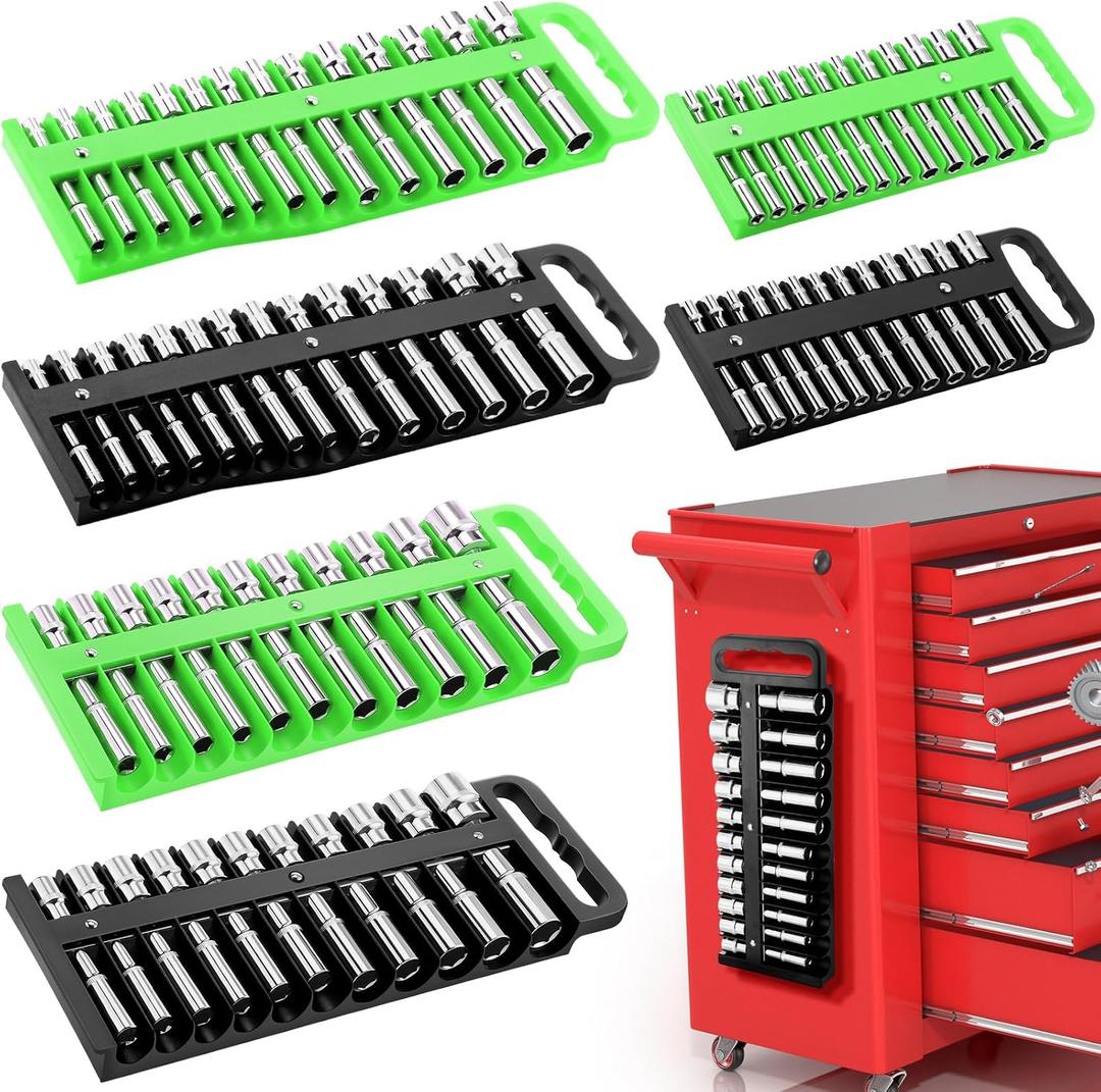 6 Pcs Magnetic Socket Organizer Holder Case Rail Rack for 1/2'', 3/8 '', 1/4'' Drive, Securely Holds 152 Sockets (Black,Green)