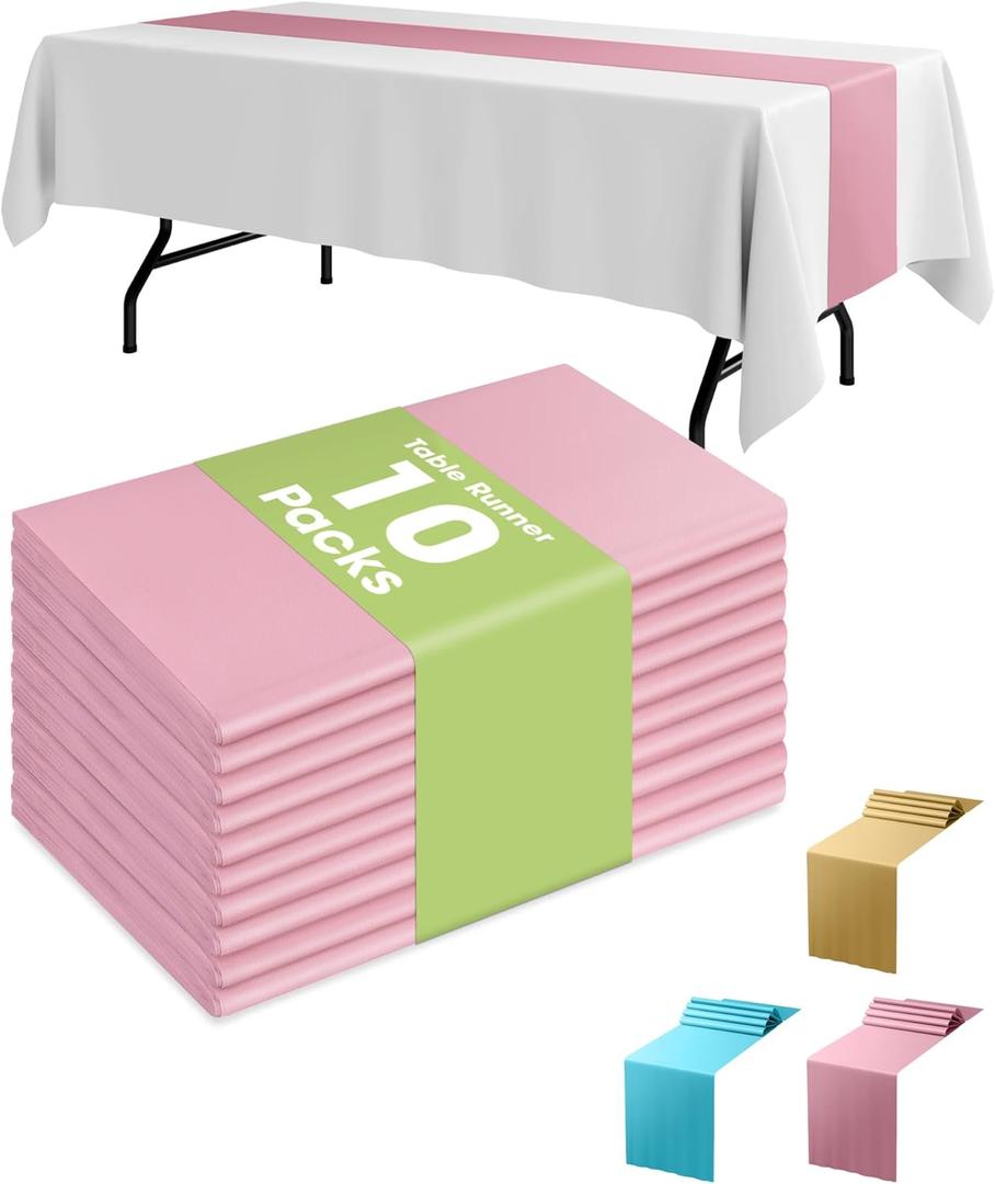 Pureegg Pink Table Runner - 10 Packs, 14''  107'' Plastic Table Runners, Stain-Proof & Water Resistant Table Decoration, Disposable Table Runner for Meetings, Weddings, Birthday Parties