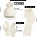 Double Couple 3pcs Winter Women scarf and hat and Touch Screen Gloves Set for Women Knit Hat with Faux Fur Ball Scarves Glove (White)