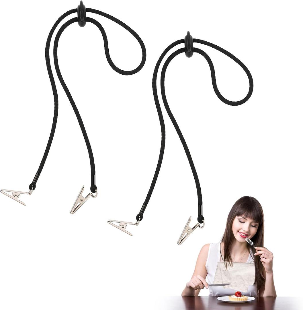 2 Pcs Adjustable Napkin Clip Black Bib Holder Clip Portable Napkin Holders Running Holder Clips Dental Bib Clips Neck Chain for Runners Adult Senior