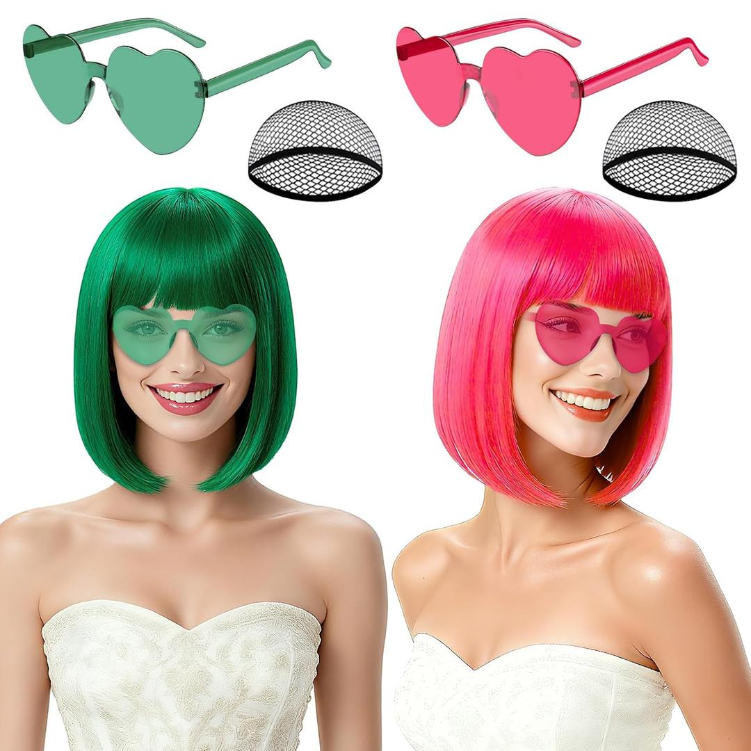 2 Pack Colored Bob Wigs and Heart Sunglasses Set, Green Hot Pink Short Straight Bob Wig with Bangs Neon Party Colorful Synthetic Hair for Women Men Halloween Costume Bachelorette Party Favors