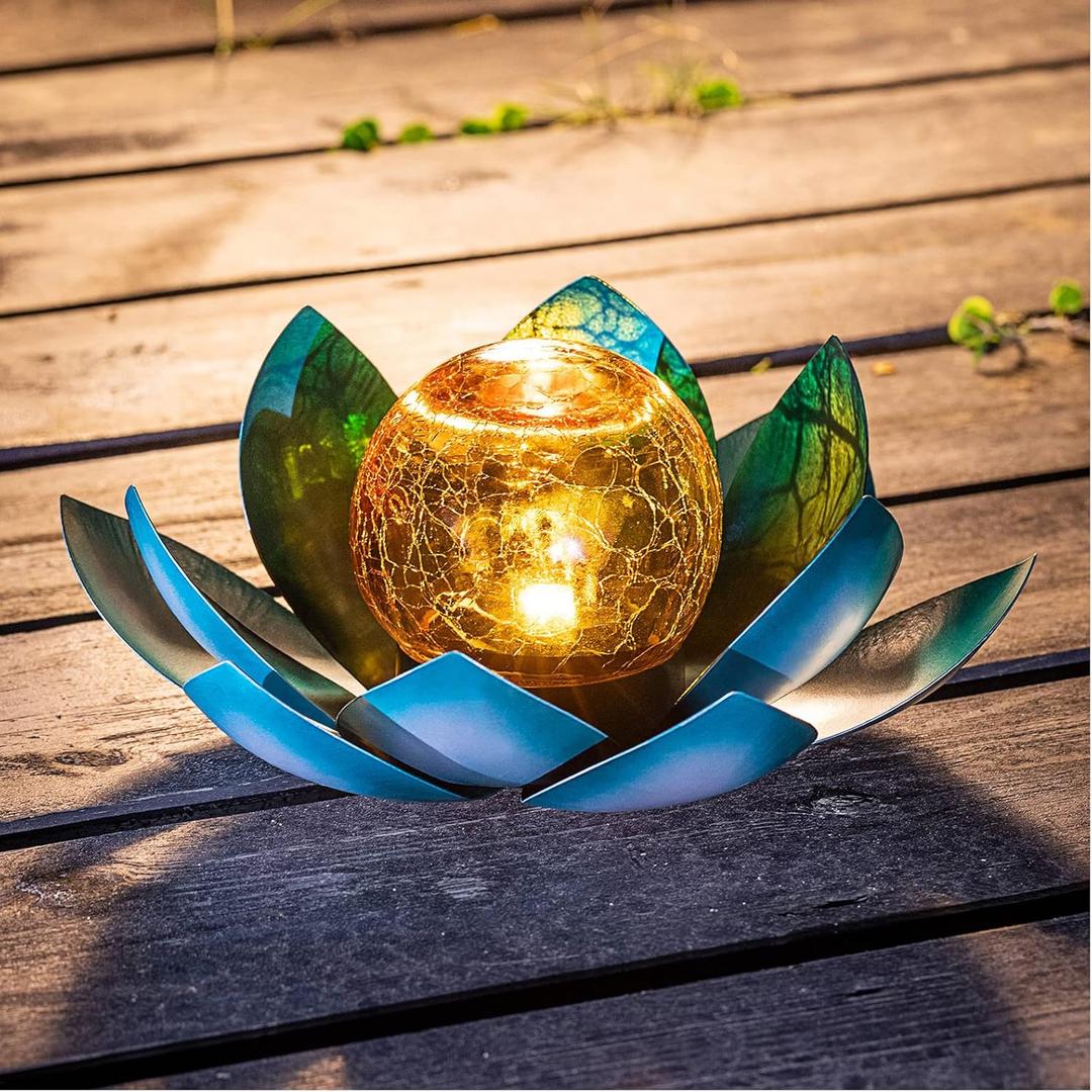 Huaxu Solar Light Outdoor Garden Decor Blue Metal Crackle Globe Glass Waterproof LED Lotus Flower Table Lamp Decorations for Patio Yard Porch Pathway Ground Huaxu Solar Light Outdoor Garden Decor Blue Metal Crackle Globe Glass Waterproof LED Lotus Flower Table Lamp Decorations for Patio Yard Porch Pathway Ground