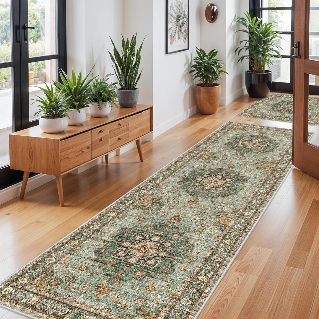 Washable Oriental Hallway Runner Rug - 3x10 Rugs for Living Room Soft Carpet for Bedroom Kitchen Waterproof Floral Distressed Indoor Stain Resistant Non-Shedding Floor Carpets (Green, 3X10)
