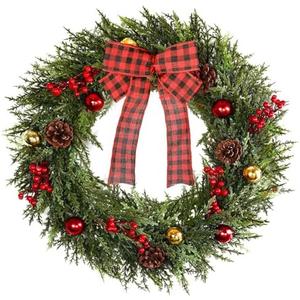 Christmas Wreath 20 Inch, Artificial Large Wreath with Pine Cone Red Berry Bow Ornaments for Front Door Decor Christmas Door Wreath Festival Home Indoor Outdoor Outside Decorations, Bow