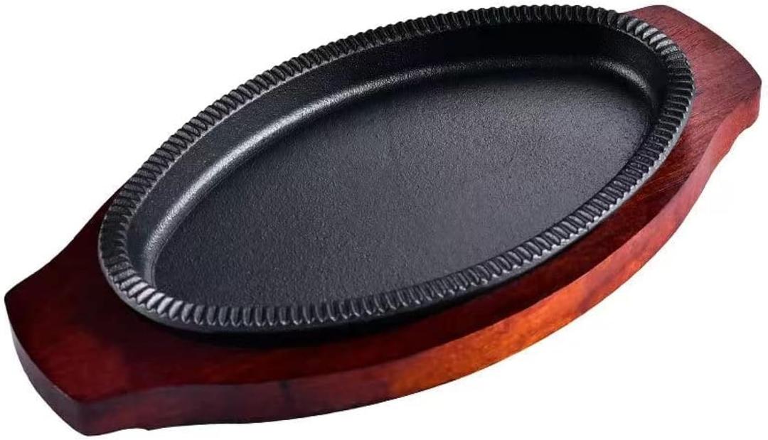 YYJINGYOU Cast Iron Steak Fajita Plate Set with wood Plate for Steak Pizza (10 x 6.5 inch)