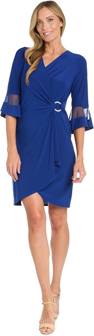 R&M Richards Women's Faux Wrap Cocktail Cascade Dress W/Ruffled Sheer Sleeves & Buckle Accent (6, Indigo)