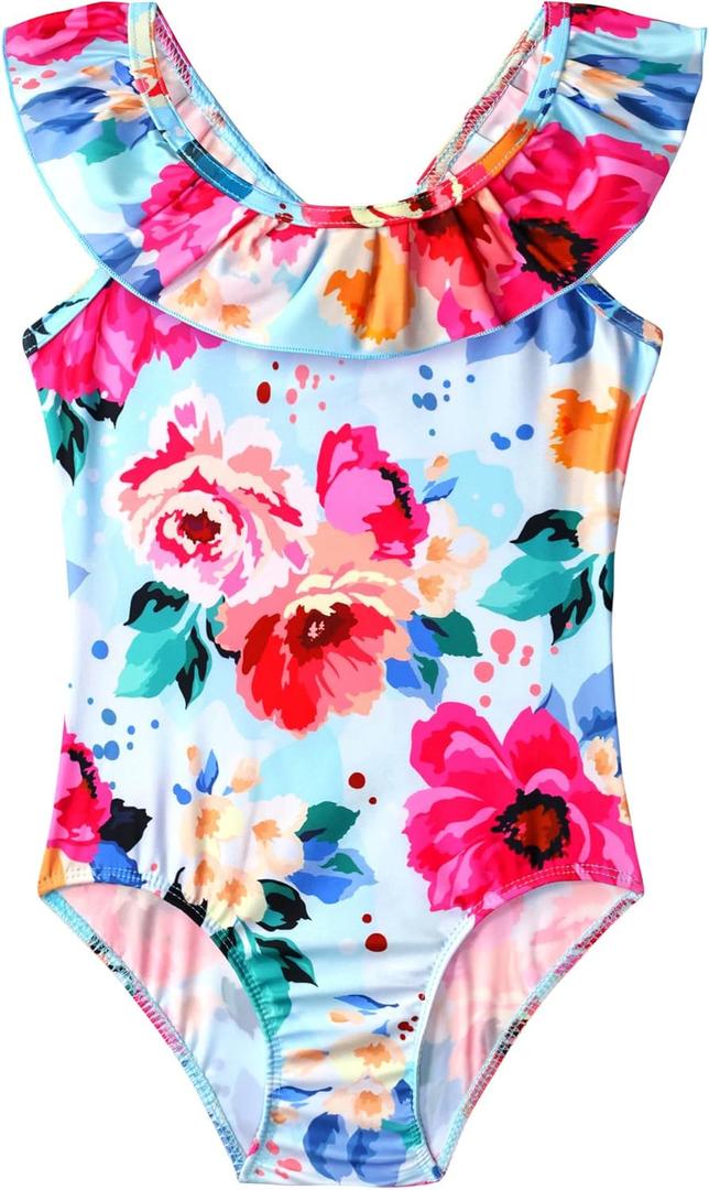 Snowheart Girls Swimsuit One Piece Bathing Suit Kids Quick Dry Shoudler Ruffle Floral Swimwear for 3-12 Years Old (4-5T, Multicolor White)