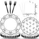 96Pcs Black White Bow Party Decorations Girl Bow Birthday Paper Plates Napkins Supplies Bowknot Themed Cake Tableware Dinnerware for Bachelorette Engagement Wedding Baby Bridal Shower Serves 24