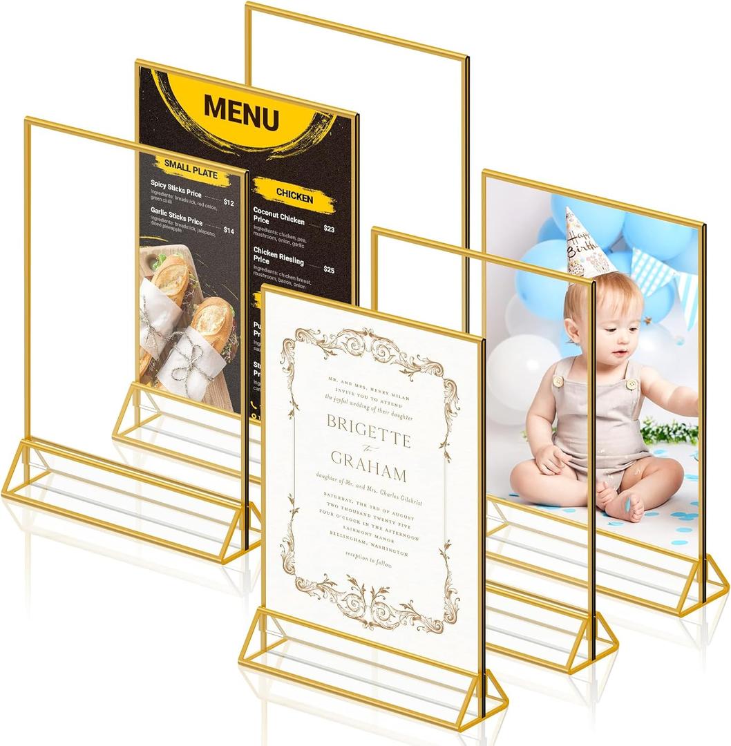 6 Pack Acrylic Sign Holder 8.5X11 Gold Picture Frames Double-Sided Display Stand Clear Acrylic Frame for Menu Holder Wedding Table Number Holder Photo Frames