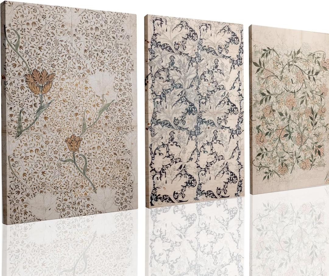 UCRAASDEB Framed Vintage Botanical Canvas Wall Art Set of 3 Neutral Antique Floral Pictures Poster Farmhouse Boho Flowers Painting Prints for Living Room Bedroom 16'' x 12''