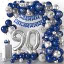 90th Birthday Decorations Navy Blue Silver,90th Balloon Garland with Number 90 Foil balloons,Happy Birthday Banner for Men Women 90 Birthday Party Decorations