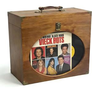 Vinyl Record Storage Case,Wood Record box with Display Window,Leather Handle and Metal Corners,Vinyl Storage Box Fits 7-10 Inch, Holds 30-35 Albums, Practical for Personal Use,Or as A Gift (Brown)