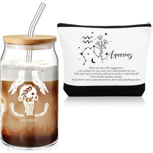 Sliner 2 Set Valentine's Day Aquarius Gift for Women 16 oz Celestial Zodiac Signs Glass Cup with Lids Straws Horoscope Flower Sign Makeup Bag 12 Constellations Zodiac Gift for Men Birthday