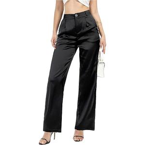 heipeiwa Women's Wide Leg Wedding Party Satin Casual Dress Nightout Pants Long Trouser, Black Size M