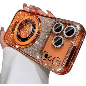 Magnetic Case for iPhone 17 Pro Max [Compatible with MagSafe] Ring Holder Stand, Women Girls Clear Cute Glitter Bling Cover Diamond with Camera Protectors Cover for 6.9", Orange