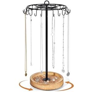 Rotating Necklace Holder, Necklace Organizer Tree Stand with 24 Hooks, Jewelry Necklace Display Stand, Wooden & Metal, Tall Spinning for Vendors Retail, Craft Show, Gift for Women, Vintage Black