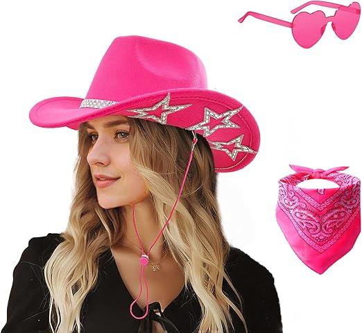 SHENYI Cowgirl Hat and Bandana and Heart Sunglasses Glitter Rhinestone Star Cowboy Hat Western Sparkly Hats for Women Men, Hot Pink