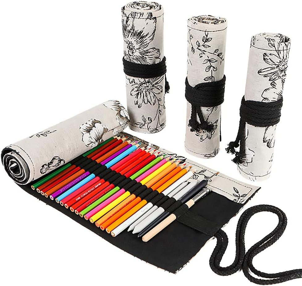 Funny Live 36/48/72 Colored Pencil Wrap Roll Holder Coloring Pencils Organizer Holder Colored Pen Paint Brush Storage Pouch Portable for Artist Student (Black Peony, 72 Slots)