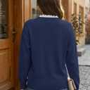 V Neck Sweaters for Women, Long Sleeve Lace Trim Knit Sweater Fall Casual Lightweight Pullover Top Navyblue