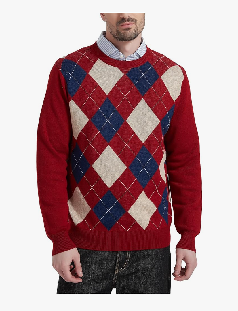 Kallspin Men's Wool Blend Crewneck Sweater Argyle Long Sleeve Pullover Sweater for Casual Or Dressy Wear, Size L Tall