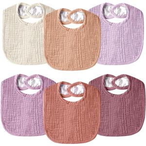 Muslin Baby Bibs for Unisex Boys Girls, Cotton Drool Bibs, Adjustable Newborn Bibs for Drooling and Teething (6 Pack-pink)
