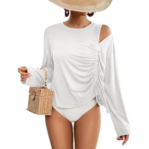 Bsubseach Womens Long Sleeve Cover Up Top Cutout Drawstring Beach Swimsuit Coverup White L