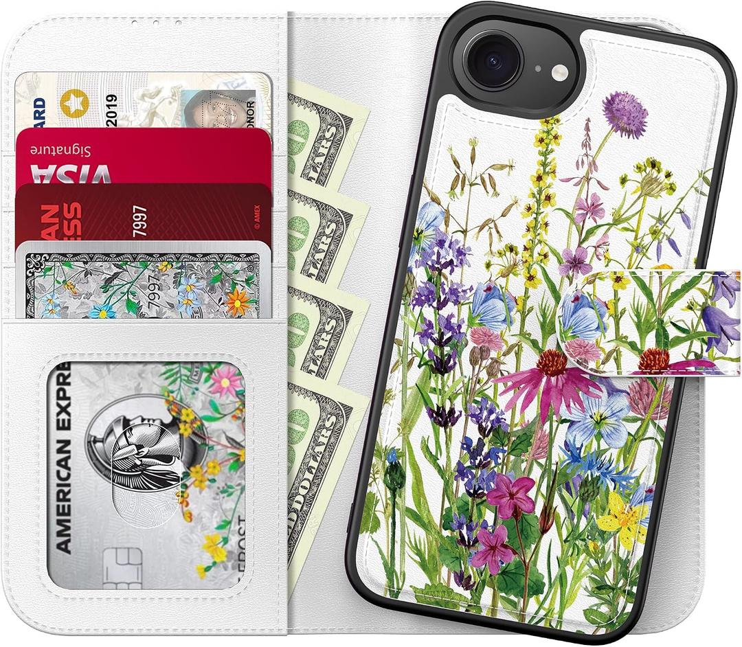 LUHOURI for iPhone 16e Case Wallet - Wireless Charging Compatible Detachable Flip Folio Leather Cover - RFID Blocking 4 Card Slots - Protective Phone Case for Women - Blooming Wildflowers