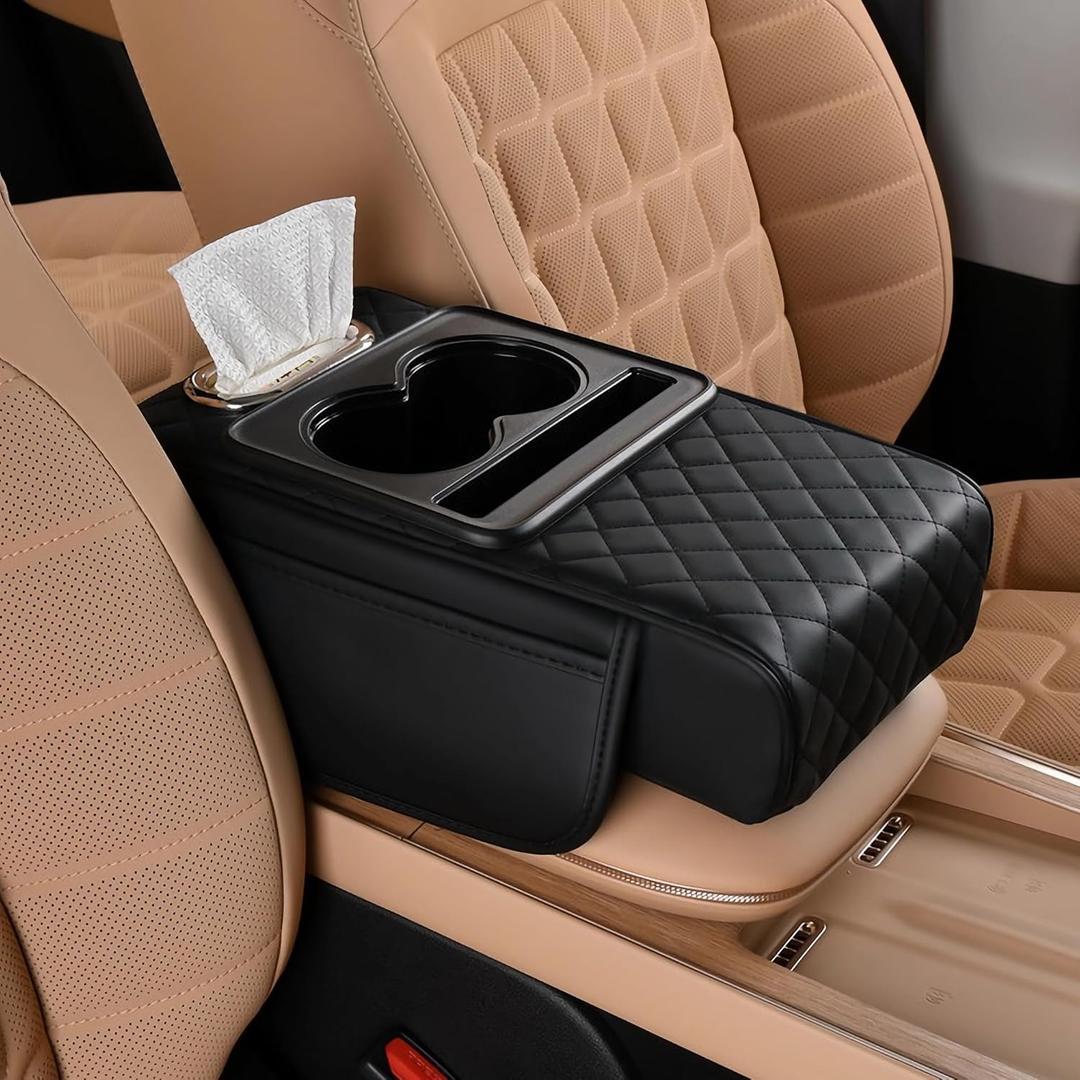 FREESOO Car Center Console Cover, Leather Armrest Cover for Car, Universal Middle Console Cushion with Storage Box, Cup Holder, Tissue Box & Phone Slot, Luxury Waterproof Interior Accessories, Black