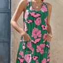 Wenrine Womens Summer Dresses Casual Floral V Neck Sleeveless Loose Boho Beach Tank Dress Sundress with Pockets (Small, Green)