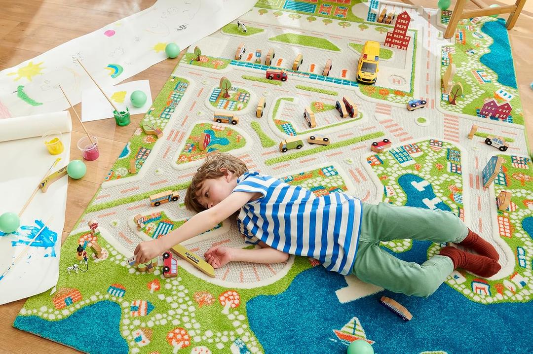 IVI Mini City Thick 3D Kids Play Mat Rug, 71" L x 53" W, Non-Toxic, Stain Resistant, Educational Montessori Activity Toys for Kids, 71L x 52.5W