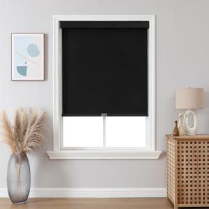 Joydeco 100% Blackout Roller Shades Cordless Blinds for Windows, Free-Stop Shades, UV Protection, Natural Woven Blinds for Home and Office, Light-Proof Aluminum Cover (Black, 29" W x 75" H)