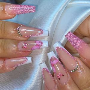 Long Press on Nails Square French Tip Fake Nails Acrylic Nails Coffin Nails Tip Full Cover Glue on Nails Pink Glitter False Nails with Rhinestone Butterfly Design Summer Stick on Nails for Women 24Pcs (E2)