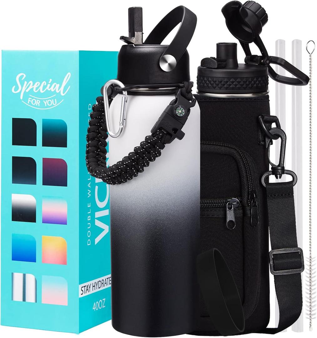 Insulated Water Bottle 40OZ - Cold-48h Hot-24h, Sweat-Proof, Large Stainless Water Bottle with Paracord Handle, Straw Spout Lid, Carrying Pouch & Protective Boot, Office Gym Flask Waterbottle (Day / Night)