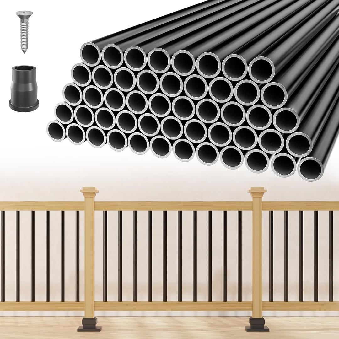 100 Pack 36" Aluminum Deck Balusters, 3/4" Diameter Black Metal Deck Spindles with Connectors and Screws, Hollow Round Aluminum Deck Balusters for Deck Railing, Staircase, Porch, Patio, etc.