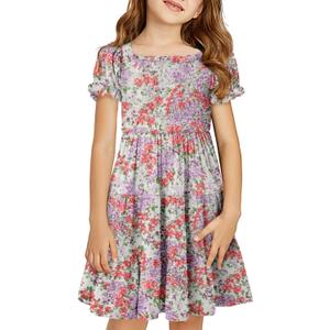 Yoklass Girls Casual Smocked Dress Square Neck Puff Short Sleeve Ruffle Dresses (8-9 Years, A Purple Red)