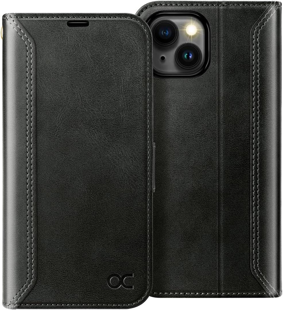 OCASE Compatible with iPhone 15 Wallet Case, PU Leather Flip Folio Case with Card Holders RFID Blocking Kickstand [Shockproof TPU Inner Shell] Phone Cover 6.1 Inch 2023, Retro Black